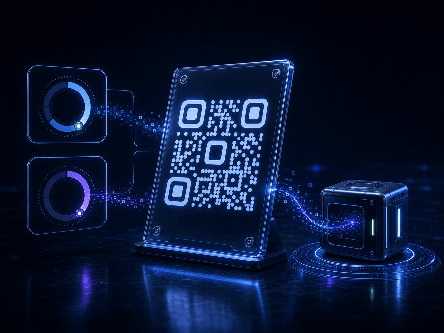 One illuminated QR plaque is connected to its own standalone pack and separate scan-budget and term gauges.